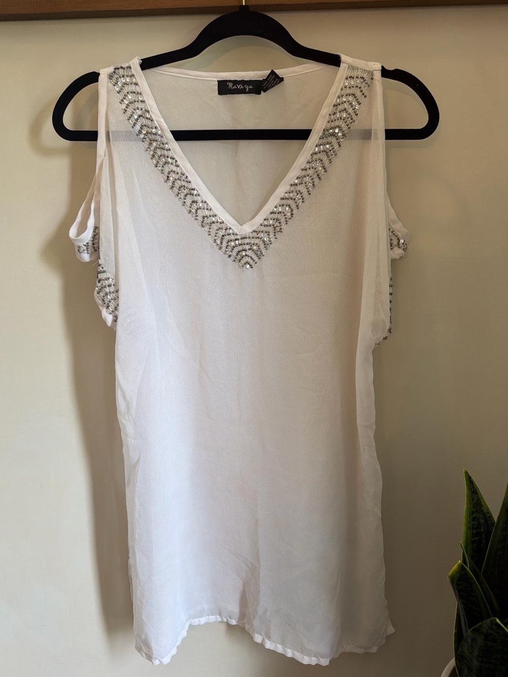 Raviya White V-Neck Peep Shoulder Cover-up with Beaded Trim
